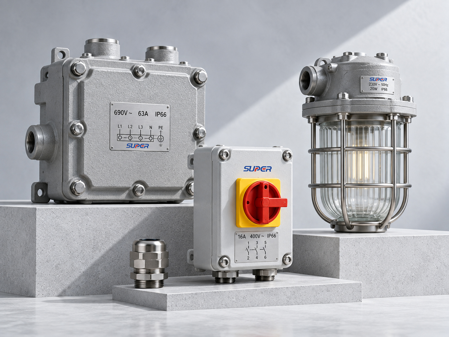 Explosion-proof electrical enclosures, lighting, control boxes, and cable glands