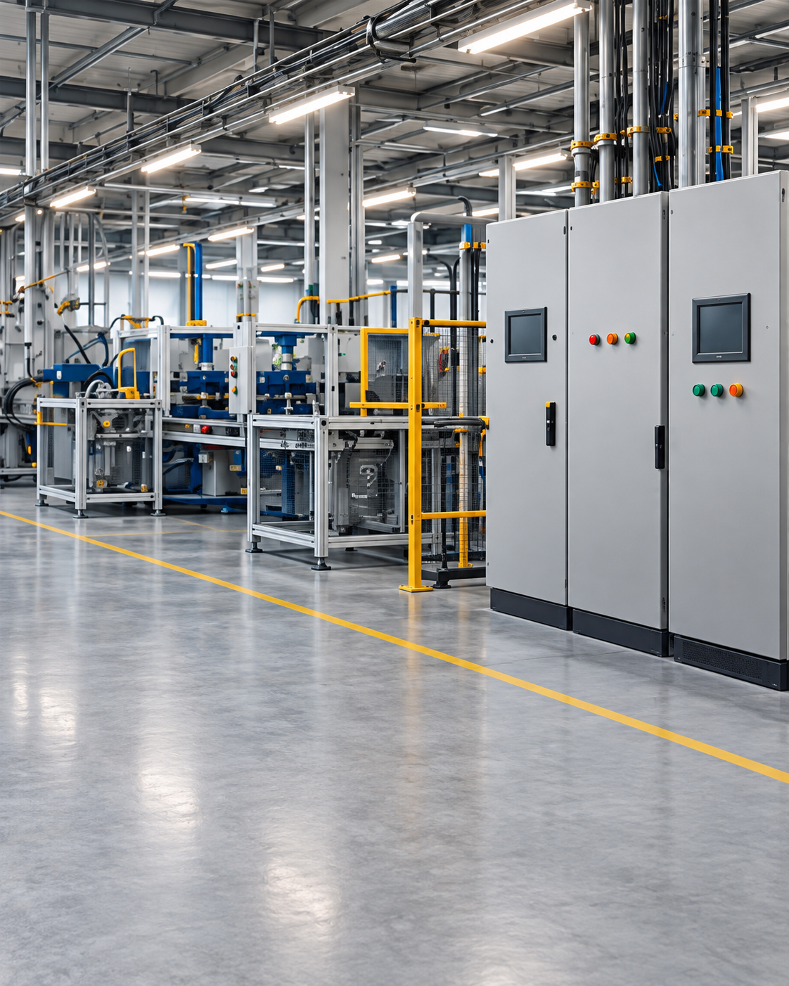 Industrial factory floor with control cabinet and production equipment