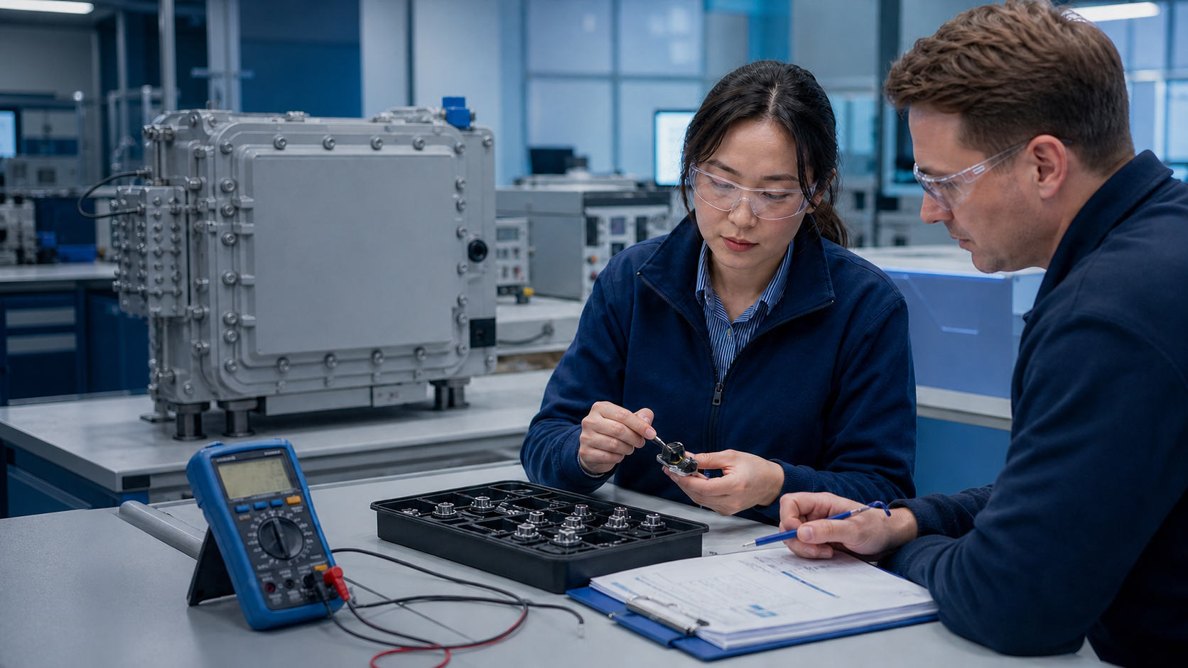 Customer and quality engineer validating electrical product samples in a test lab